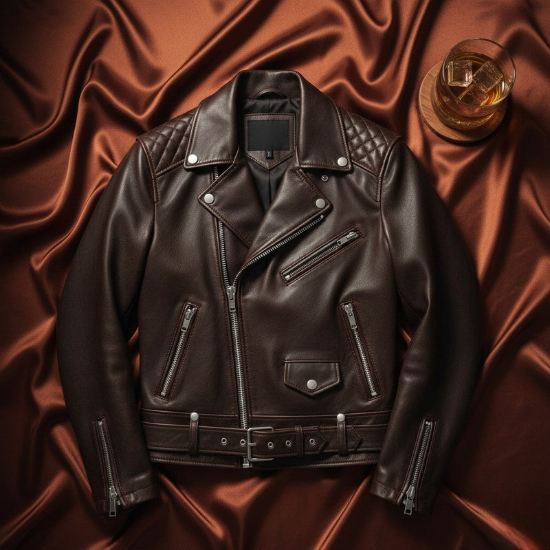 A flatlay of Premium Brown Leather Jacket by Belhide