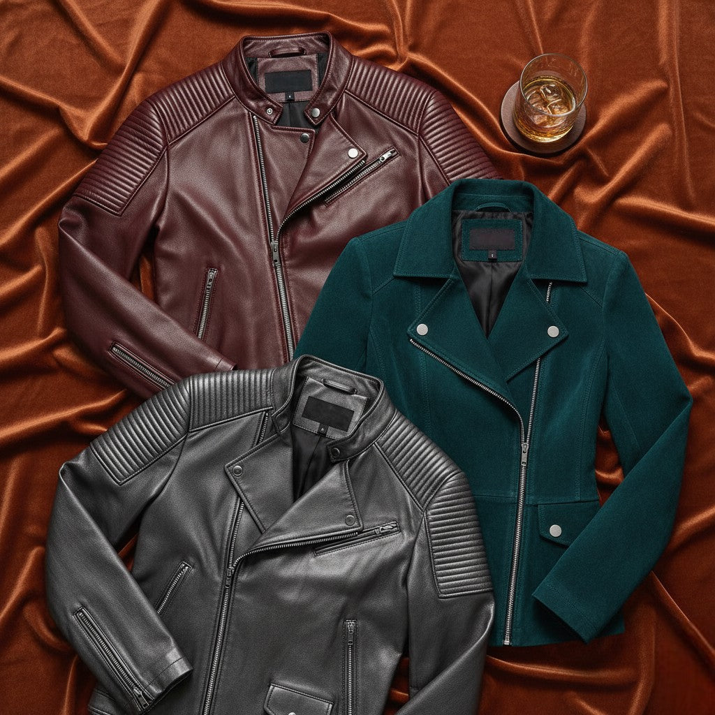 Full Grain V Top Grain Leather for Jackets : Which one suits your lifestyle? premium leather jackets flat lay on velvet background.