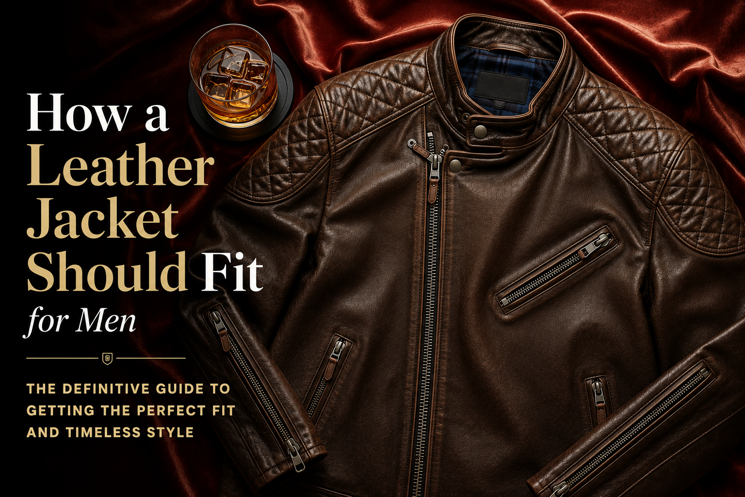 Luxury flat-lay of a brown quilted leather biker jacket on deep red satin fabric beside a whiskey glass, featuring editorial typography for a men’s leather jacket fit guide.