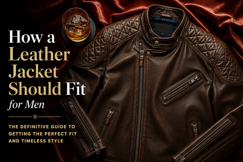 Luxury flat-lay of a brown quilted leather biker jacket on deep red satin fabric beside a whiskey glass, featuring editorial typography for a men’s leather jacket fit guide.