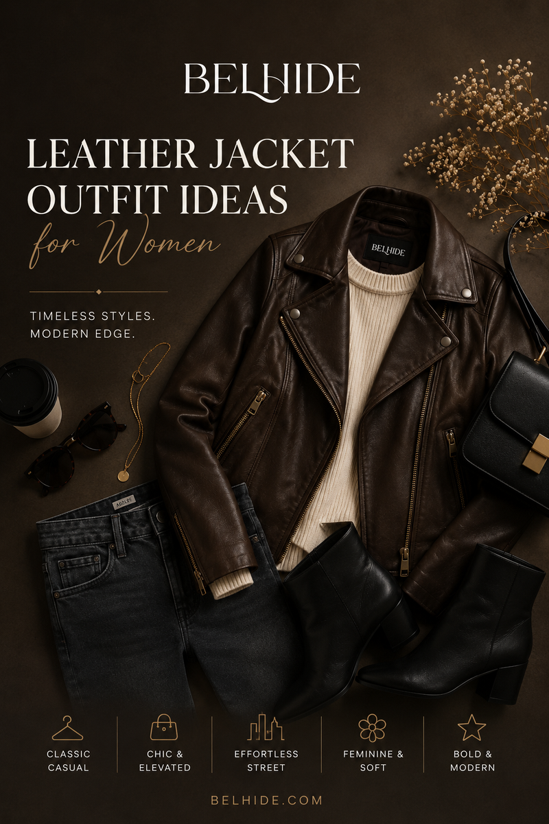 Leather jacket outfit ideas for women with a brown biker jacket, cream knit sweater, black jeans, ankle boots, and elegant accessories in a luxury editorial flat lay.