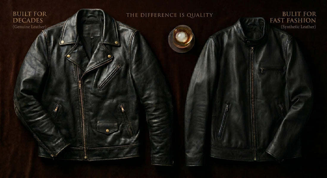 Side by side flat lays of 2 leather jackets.