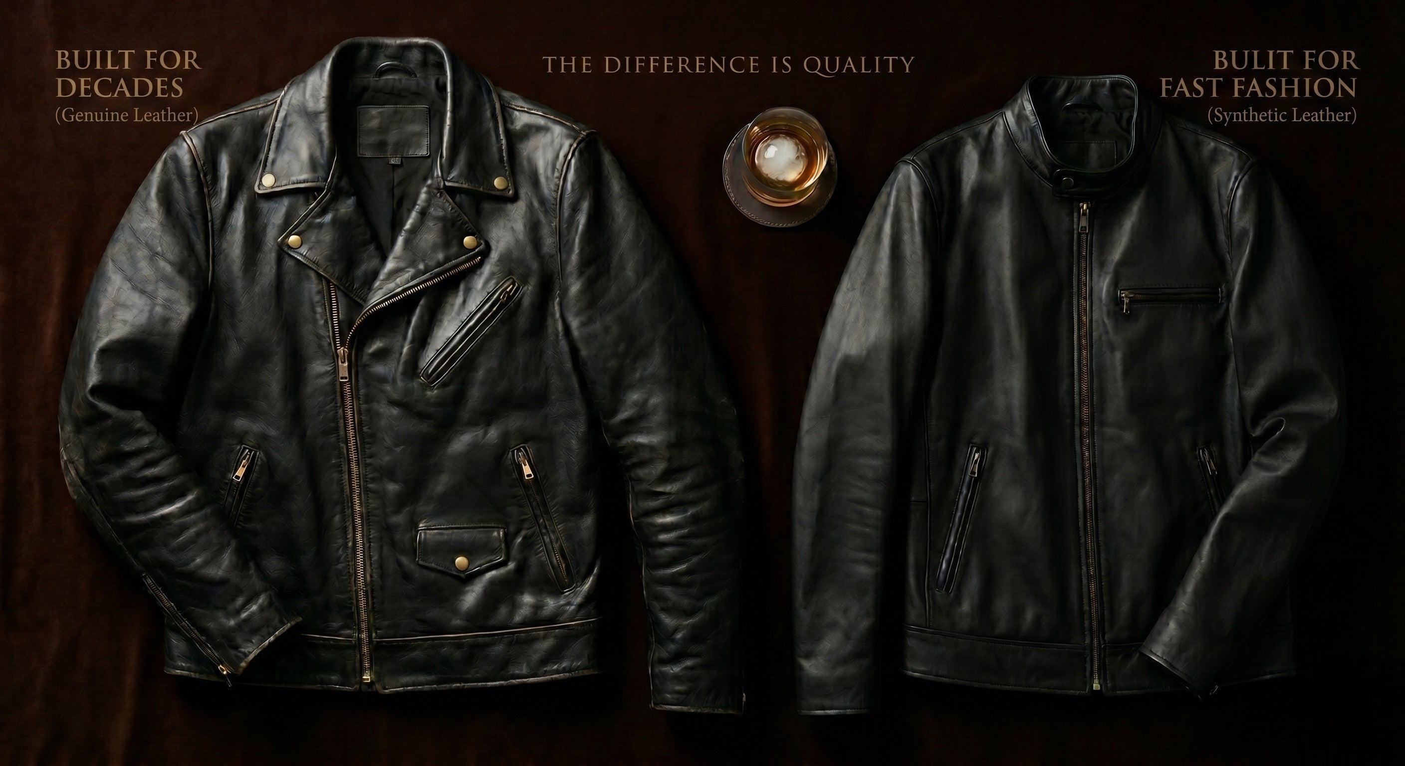 Side by side flat lays of 2 leather jackets.
