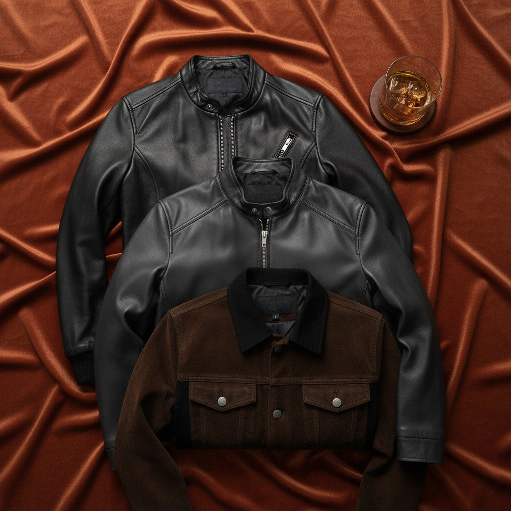 Flatlay of Best Selling Leather Jackets by Belhide for Men and Women