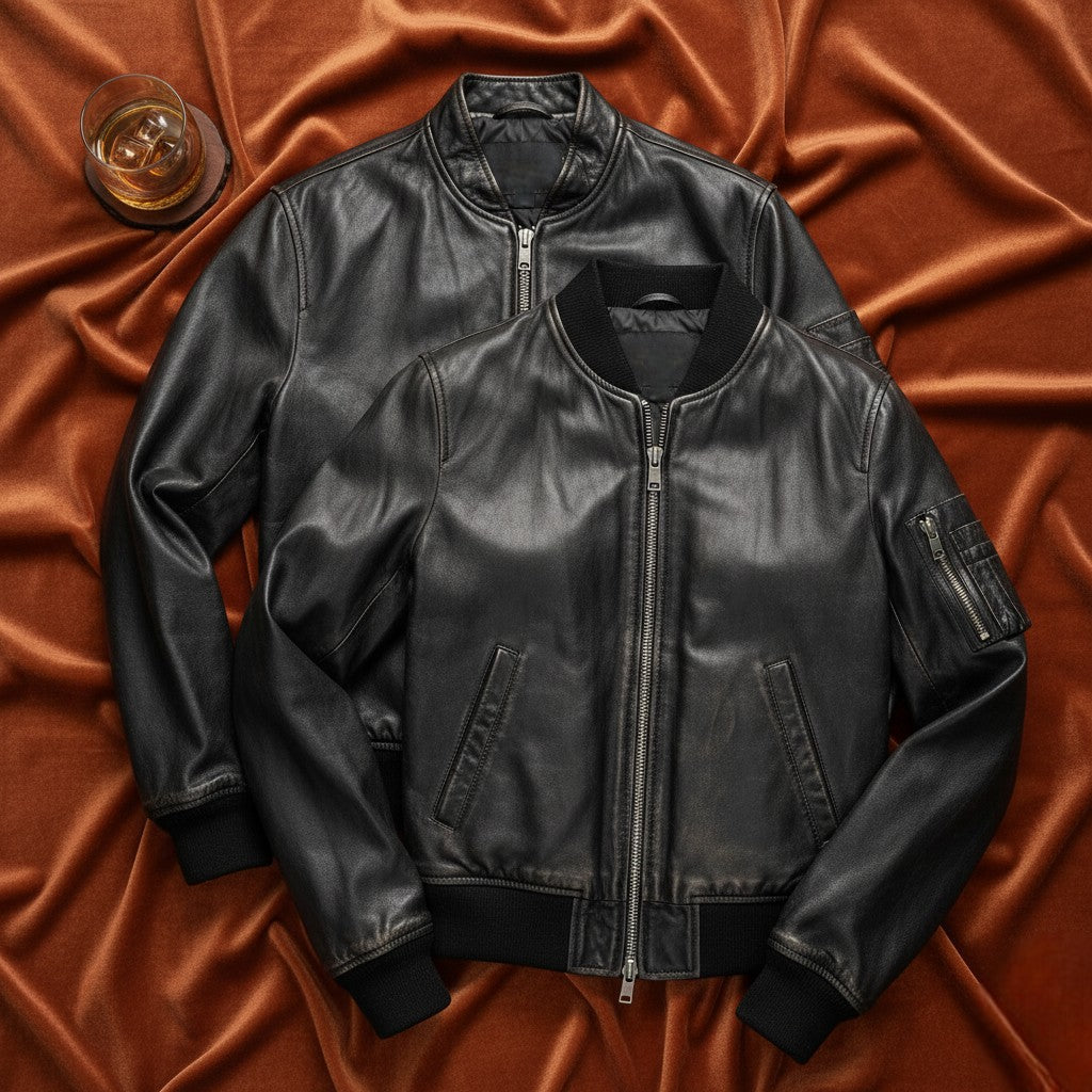 Flatlay of Black Premium Bomber Jackets by Belhide for Men and Women