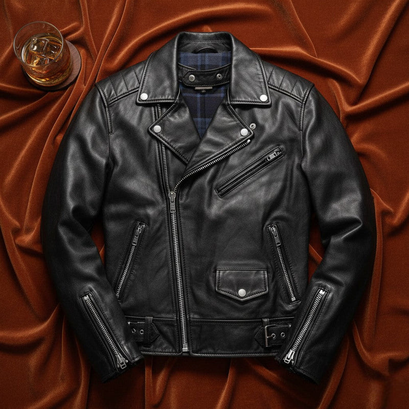  Flatlay of Men's Premium Black Biker Motor Cycle Jacket by Belhide