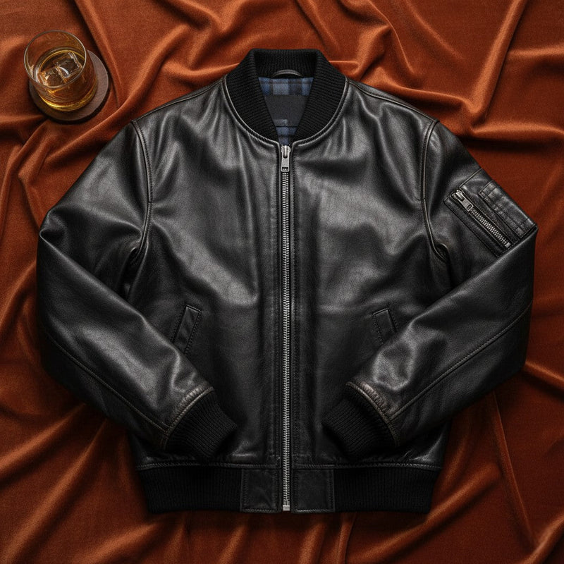 A Flatlay of Men's Premium Black Bomber Jacket by Belhide
