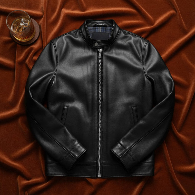 Flatlay of Premium Men's Black Classic Leather Jacket