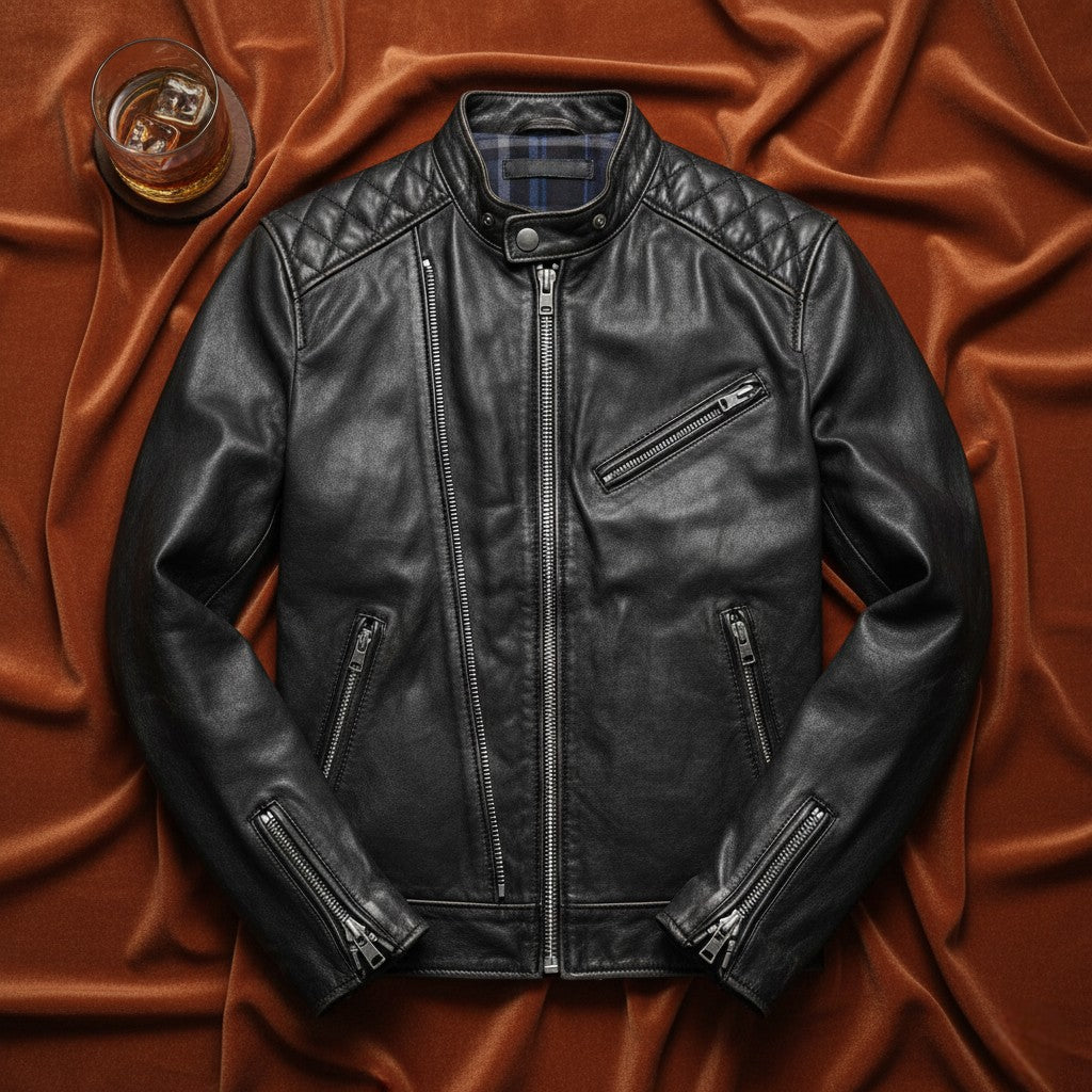Flatlay of a Men's Premium Black leather jacket by Belhide