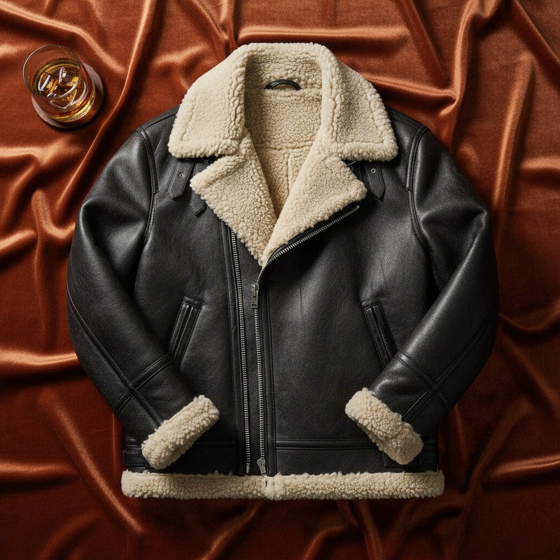 Flatlay of a Men's Premium Black Shearling Jacket by Belhide
