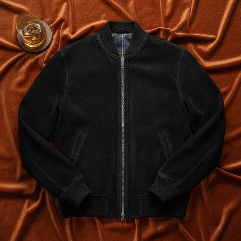 Flatlay of Men's Premium Black Suede Jacket by Belhide
