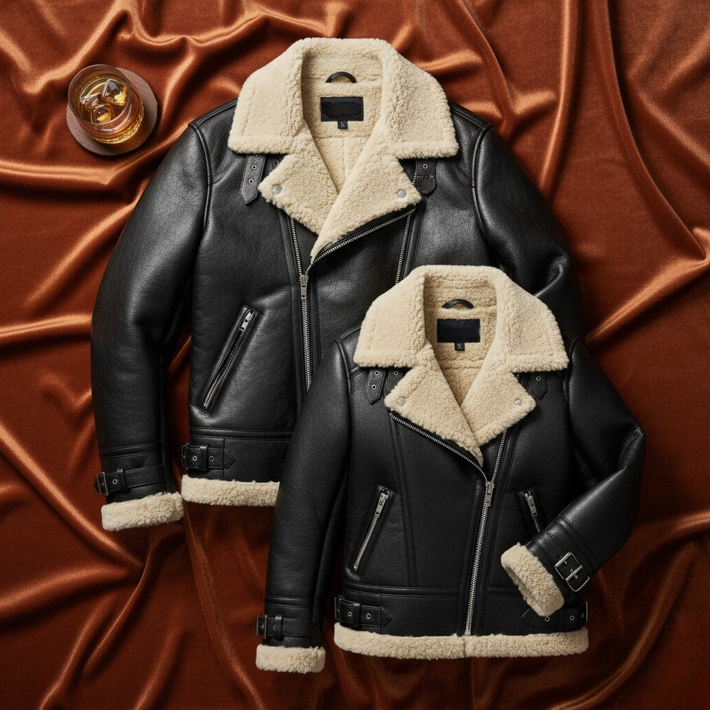 Flatlay of Black Premium Shearling Jackets by Belhide for Men and Women