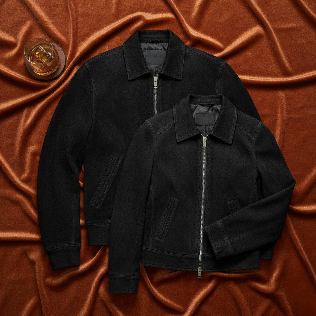 Flatlay of Premium Black Suede Jackets by Belhide for Men and Women