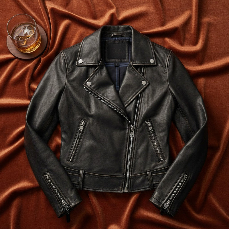 Flatlay of Women's Premium Black Biker Jacket by Belhide