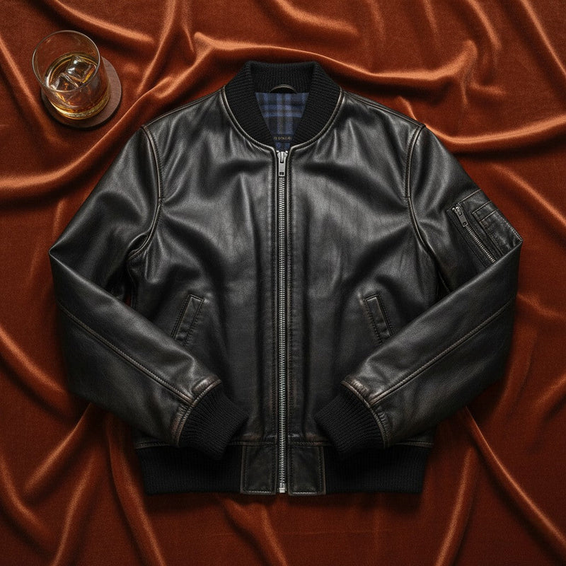 Flatlay of Women's Black Premium Bomber Jacket by Belhide