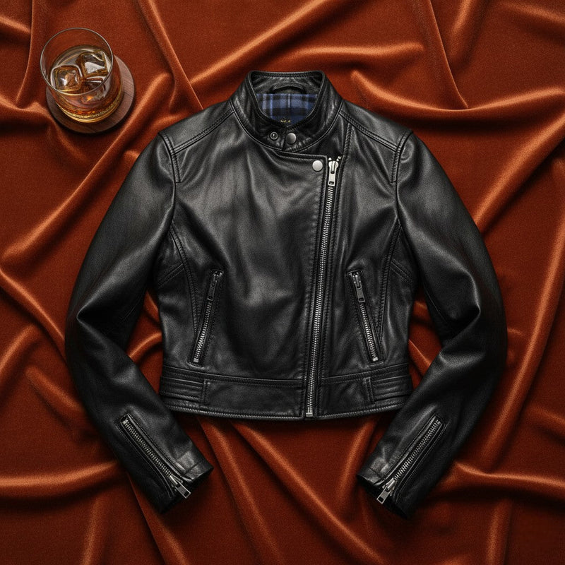 Flatlay of a Premium Black Women's Cropped Jacket by Belhide