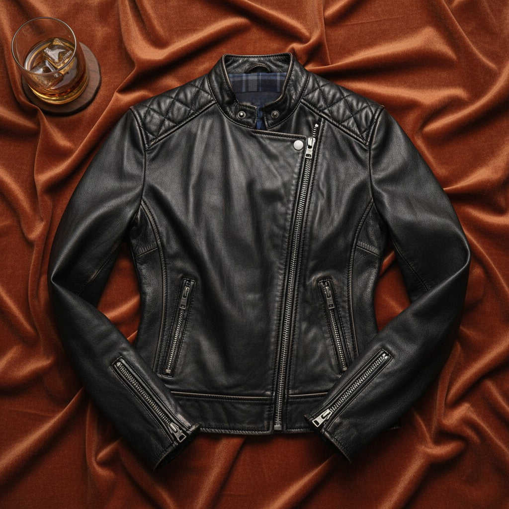 A Flatlay of Premium Black Leather Jacket for Women by Belhide
