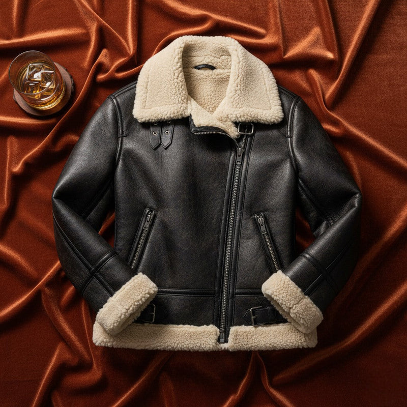 Flatlay of Women's Black Premium Shearling Jacket by Belhide