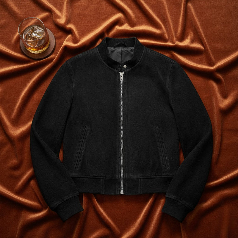 Flatlay of Women's Black Premium Suede Jacket by Belhide