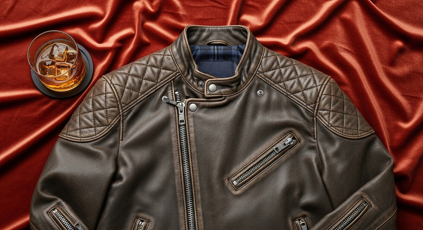 Brown leather jacket with quilted details on a red satin background