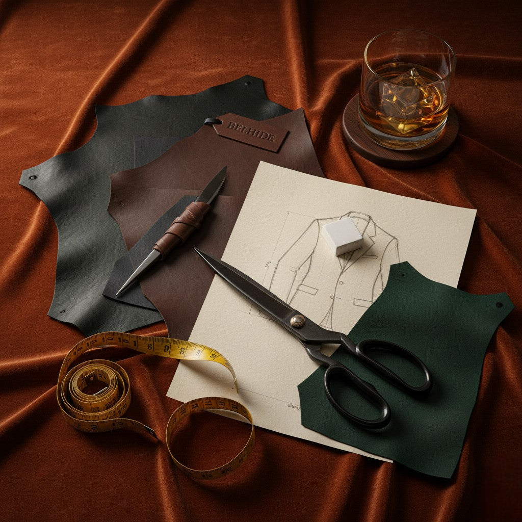 Tailoring tools and leather pieces on a brown fabric background